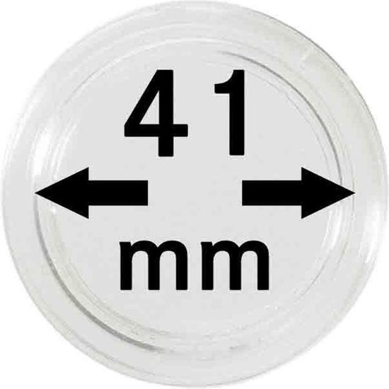 Ronde transparante muntcapsule met zwarte tekst "41 mm" en pijlen naar links en rechts.