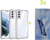 Samsung Galaxy S21 Plus - Anti Shock Silicone Bumper Hoesje - Transparant + 3X Tempered Glass Screenprotector