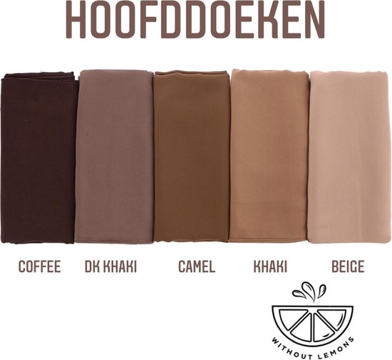 Vijf gevouwen hoofddoeken in bruintinten: koffie, donkere kaki, camel, kaki en beige.