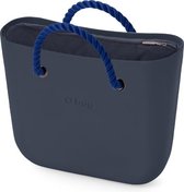O bag mini handtas in donkerblauw, compleet met korte bamboe handvatten en binnentas