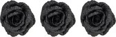 4x stuks decoratie bloemen roos zwart glitter op clip 18 cm - Decoratiebloemen/kerstboomversiering/kerstversiering
