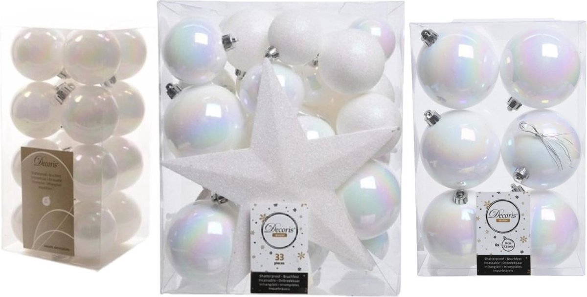 55x stuks kunststof kerstballen met ster piek parelmoer wit mix - Kerstversiering/kerstboomversiering