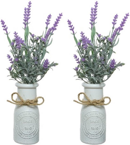 2x stuks lichtpaarse Lavandula/lavendel kunstplant 32 cm in witte pot – Kunstplanten/nepplanten