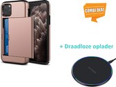Kaarthouder Case Met Slide Geschikt Voor Apple Iphone 11 Pro Max - Roze Met Draadloze Oplader