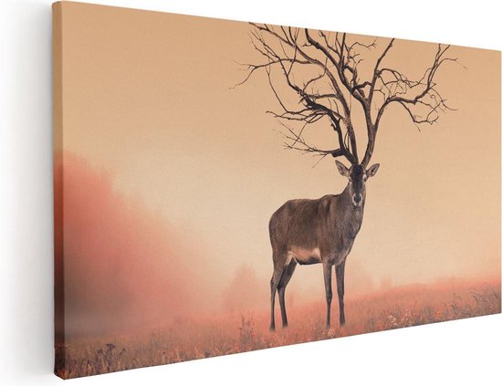 Artaza Canvas Schilderij Hert Met Een Bomen Gewei - 120x60 - Groot - Foto Op Canvas - Canvas Print