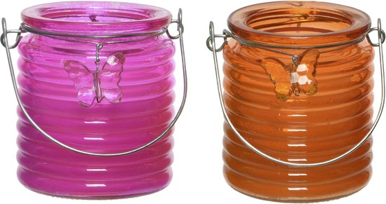 Set van 2x stuks citronella anti muggen kaarsen windlicht roze en oranje 20 branduren