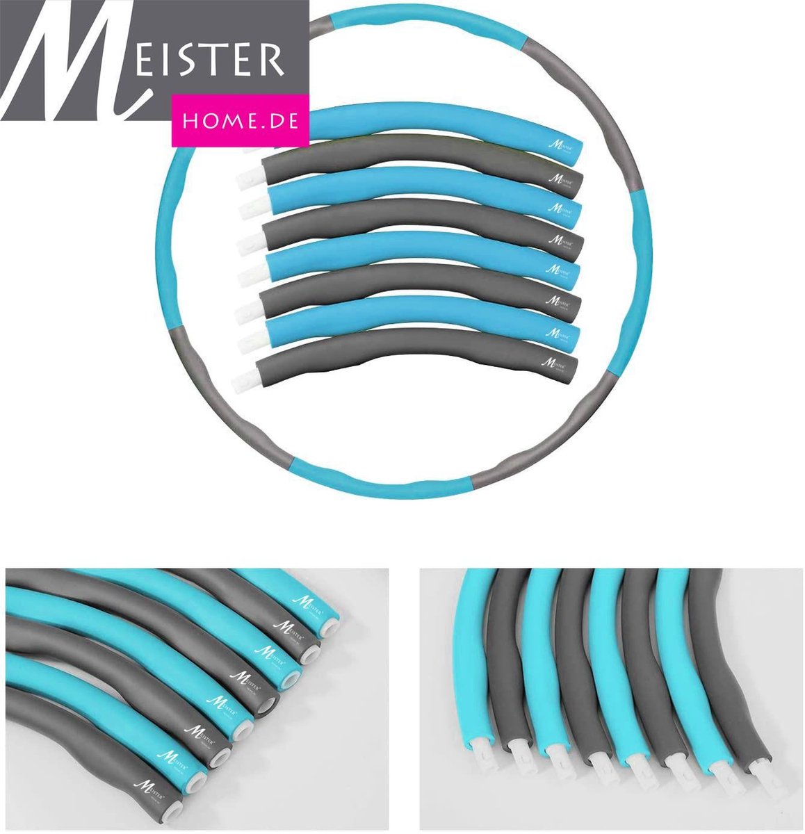 Meisterhome Fitness Hoelahoep met masserende golven Extra sterk Materiaal–ca.1.1 kg – Ø 100 cm – Hula Hoep – Fitness Hoepel – Blauw/Grijs – 8 Delig – Waist Trainer – Hoepel – Thuisfitness