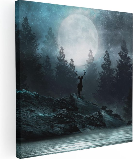 Artaza Peinture sur toile Cerf sur un rocher pendant la pleine lune - 50x50 - Tableau sur toile - Impression sur toile