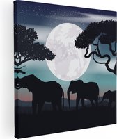 Artaza Canvas Schilderij Olifanten Silhouet Tijdens Volle Maan - 60x60 - Foto Op Canvas - Canvas Print