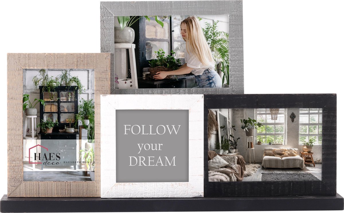 HAES DECO - Houten collage / multi fotolijst Honfleur met standaard voor foto formaat 10x10 en 3x 10x15 (formaat 42 x 27 cm) - MP131