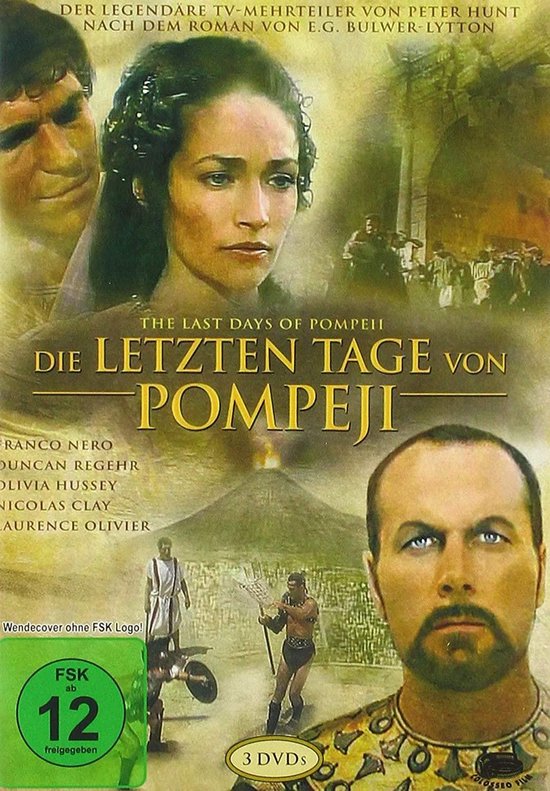 DVD-hoes met de tekst 'Die letzten Tage von Pompeji'. Portretten van een vrouw, twee mannen, en scènes uit de film.