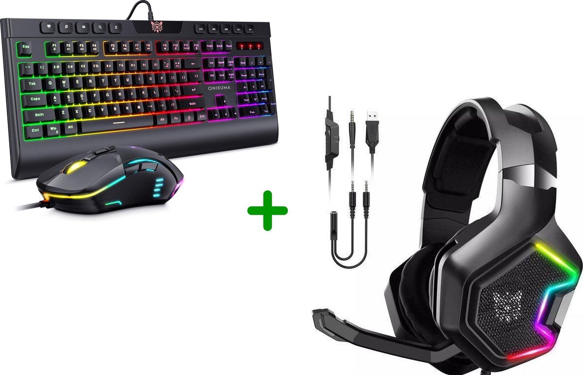 Membraan RGB Qwerty Gaming Toetsenbord en Muis + Gaming Headset met