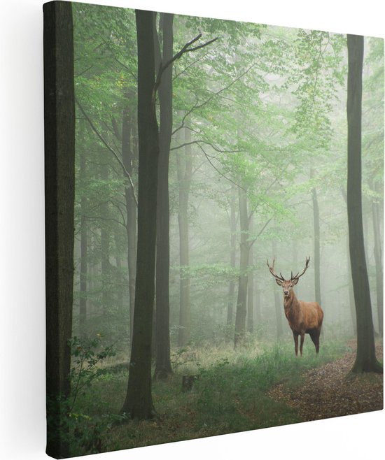 Artaza Canvas Schilderij Hert In Bos - 90x90 - Groot - Foto Op Canvas - Canvas Print