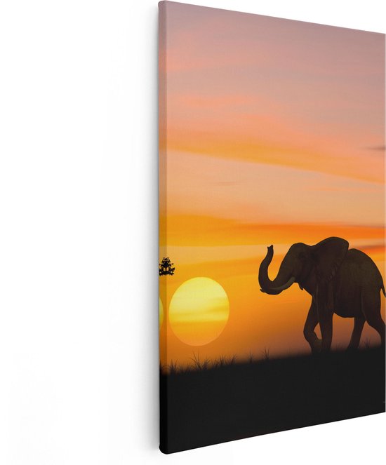 Artaza Canvas Schilderij Olifant Silhouet Tijdens Zonsondergang  - 80x120 - Groot - Foto Op Canvas - Canvas Print