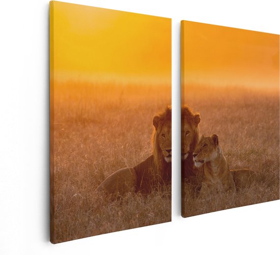 Artaza Canvas Schilderij Tweeluik Leeuw En Leeuwin Tijdens Zonsondergang - 80x60 - Foto Op Canvas - Canvas Print