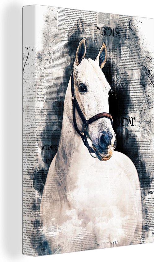 Canvas Schilderij Paard - Wit - Krant - Meisjes - Kinderen - Meiden - 20x30 cm - Wanddecoratie