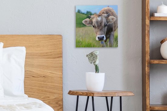 Peintures Vache - Animaux - Marron - Herbe - 20x20 cm - Décoration murale