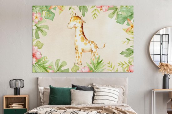Tableau sur toile Girafe - Peinture aquarelle - Fleurs - Jungle - 180x120 cm - Décoration murale XXL