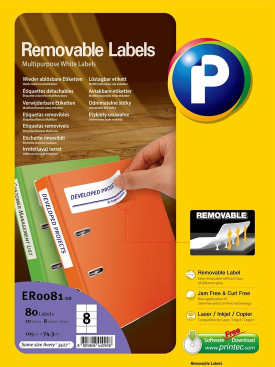 Printec Verwijderbare etiketten - 10 vel - 105x74.3mm - 8 labels per A4 - 80 stickers per doos