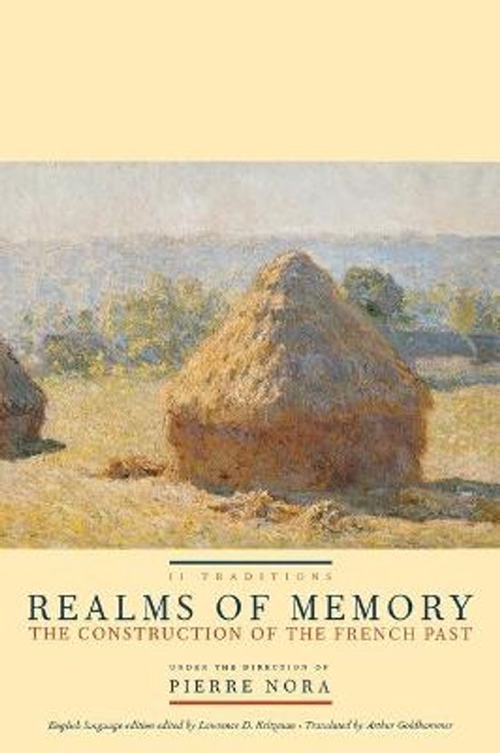 Boekomslag met een schilderij van hooibergen in een veld. Titel: Realms of Memory: The Construction of the French Past.
