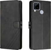 Voor Realme C15 Stiksels Stijl 2-Kleur Koe Textuur Horizontale Flip PU Lederen Case met Houder & Kaartsleuf & Lanyard (Zwart)