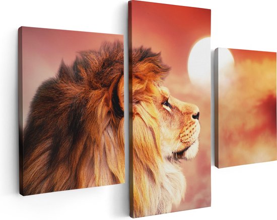 Artaza Canvas Schilderij Drieluik Leeuw - Leeuwenkop - Tijdens Zonsopkomst - 90x60 - Foto Op Canvas - Canvas Print