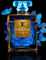 80 x 120 cm - Glasschilderij - parfumfles - Louis Vuitton - met goudfolie - foto print op glas