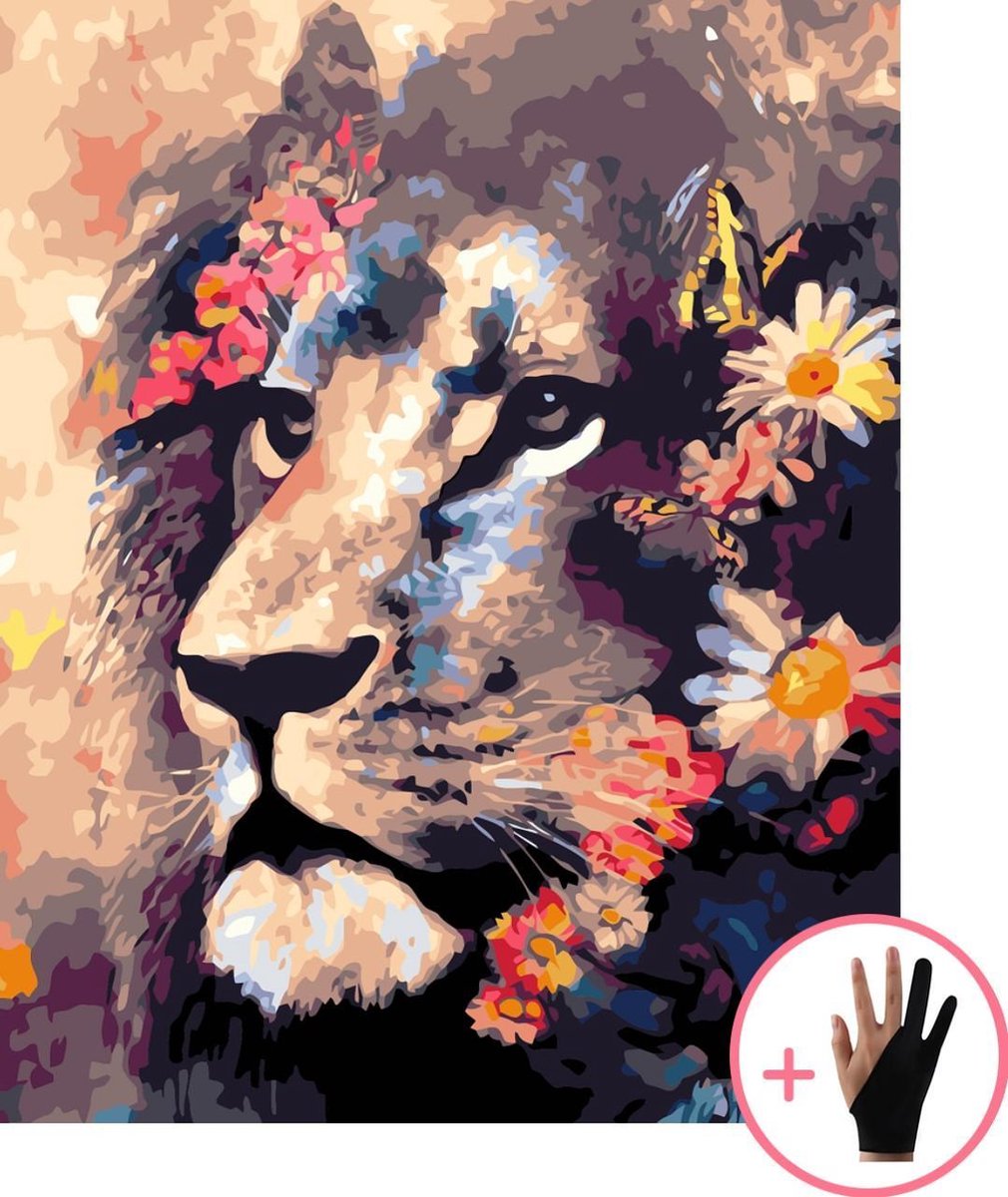 Schilderen Op Nummer Volwassenen Leeuw Met Bloemen Dieren - 40x50 cm - Inclusief Tekenhandschoen - Paint By Number Volwassenen - Cadeau - Kerst - Kado
