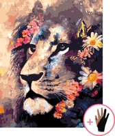 Schilderen Op Nummer Volwassenen Leeuw Met Bloemen Dieren – 40x50 cm - Inclusief Tekenhandschoen - Paint By Number Volwassenen - Cadeau - Kerst - Kado