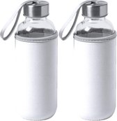 4x Stuks glazen waterfles/drinkfles met witte softshell bescherm hoes 420 ml - Sportfles - Bidon