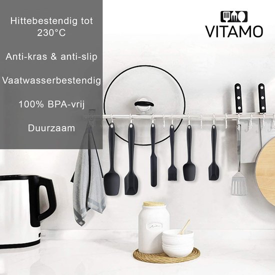 VITAMO Siliconen Spatules - Cuillères - Brosse - Scraper Pan - BBQ - résistant à la chaleur - lave - vaisselle - Sans BPA - ustensiles de cuisine - Zwart - 6 Set Pieces Discount
