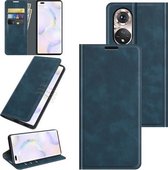 Voor Honor 50 Pro Retro-skin Business Magnetische Suction Leather Case met Houder & Kaartsleuven & Portemonnee (Donkerblauw)