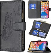 Vliegende vlinder reliëfpatroon rits horizontale flip lederen tas met houder & kaartsleuven & portemonnee voor iPhone 13 Pro Max (zwart)
