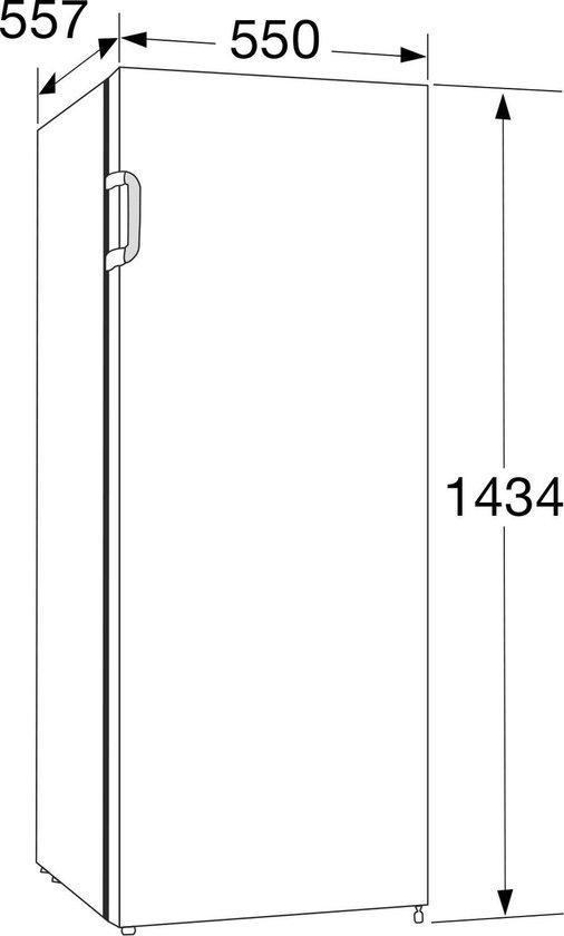 Schematische weergave van een witte staande vriezer met afmetingen: 1434 mm hoog, 550 mm breed en 557 mm diep.