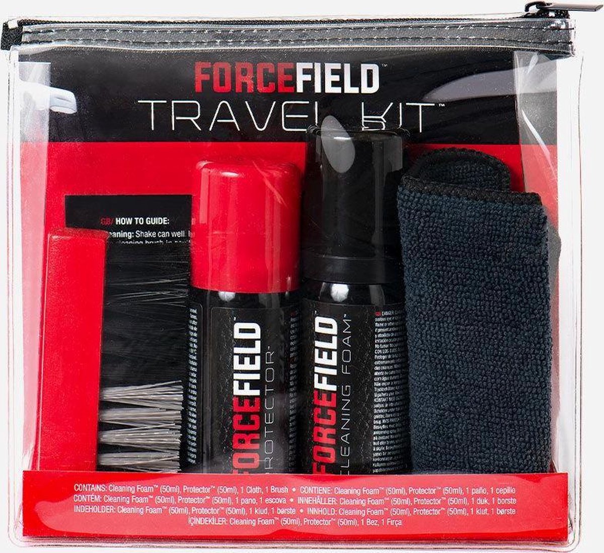Forcefield Travel kit inhoud: sneaker cleaning foam 50 ML + sneaker protector 50 ML + borstel + cleaning doek - travel cleaning kit - sneaker cleaning - mesh cleaner - leather cleaner