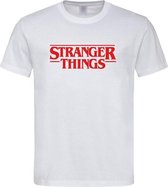 Wit T shirt met Rood Stranger Things tekst maat XS