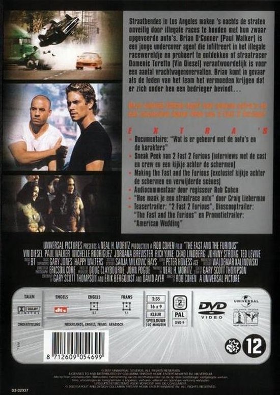 Achterkant van de DVD-hoes van The Fast and the Furious met tekst en afbeeldingen van de film.