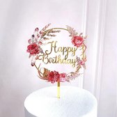 Cake topper - Decoratie - Rond met bloemen - Taartversiering - Happy birthday - 1 stuk - Goud - RO-02