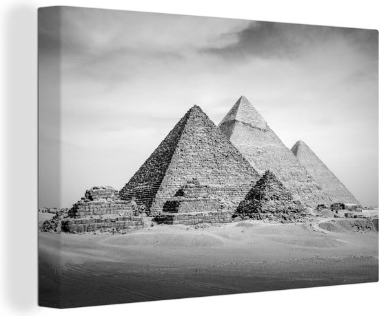 Canvas Schilderij Het grote Piramidecomplex van Giza in Egypte - zwart wit - 120x80 cm - Wanddecoratie