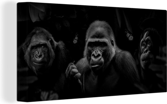 Canvas Schilderij Panorama met gorilla's in de jungle - zwart wit - 40x20 cm - Wanddecoratie