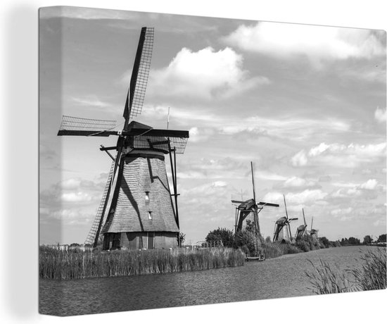 Canvas Schilderij Molen - Holland - Water - Zwart - Wit - 60x40 cm - Wanddecoratie