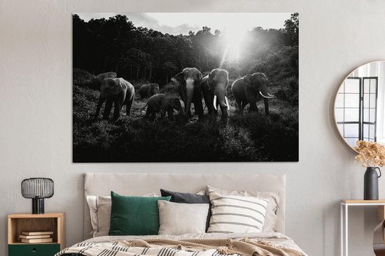 Tableau sur toile Éléphants dans la jungle - noir et blanc - 150x100 cm - Décoration murale