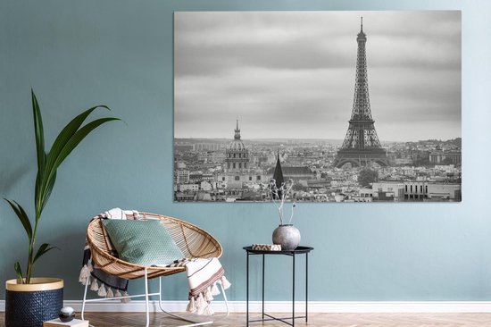 Peinture sur toile Vue aérienne de la Tour Eiffel à Paris - noir et blanc - 180x120 cm - Décoration murale XXL