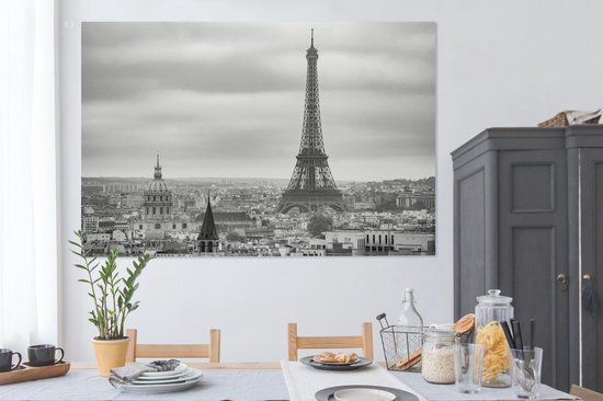Peinture sur toile Vue aérienne de la Tour Eiffel à Paris - noir et blanc - 180x120 cm - Décoration murale XXL