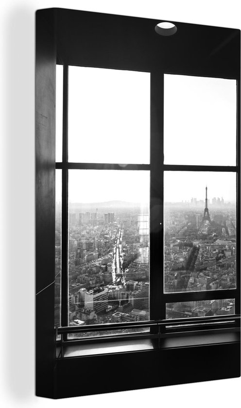 Canvas Schilderij Uitzicht op de Eiffeltoren en Parijs - zwart wit - 40x60 cm - Wanddecoratie