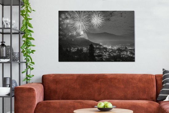 Tableau sur toile Feu d'artifice au lac de Garde en Italie - noir et blanc - 120x80 cm - Décoration murale
