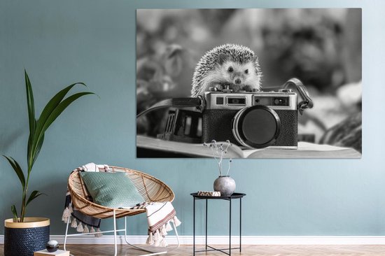 Tableau sur toile Hérisson sur caméra - noir et blanc - 150x100 cm - Décoration murale