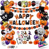 Fissaly 89 Stuks Halloween Decoratie Set – Griezelige Feest Versiering met Slingers & Ballonnen – Accessoires voor Themafeest- Feestversiering met vleermuis, spook, skelet, pompoen, heks & photobooth props