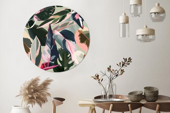 WallCircle - Wandcirkel - Muurcirkel - Tropisch - Blauw - Roze - Aluminium - Dibond - ⌀ 120 cm - Binnen en Buiten XXL