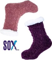 SOX Huissokken 2 PACK 37/42 unisex met ABS anti slip in fantasie Roze en Paars effen met kabel Super Warm